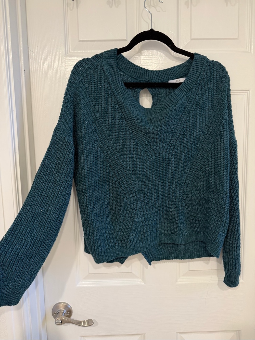 Dex Teal Crewneck Knit Sweater with Keyhole Back